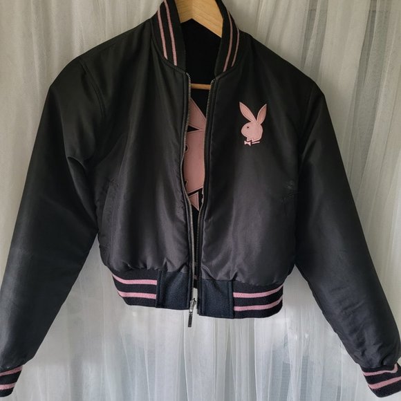 VTG Y2K Genuine Leather Wool Pink Playboy Bunny Reversible Varsity Jacket - Picture 7 of 12